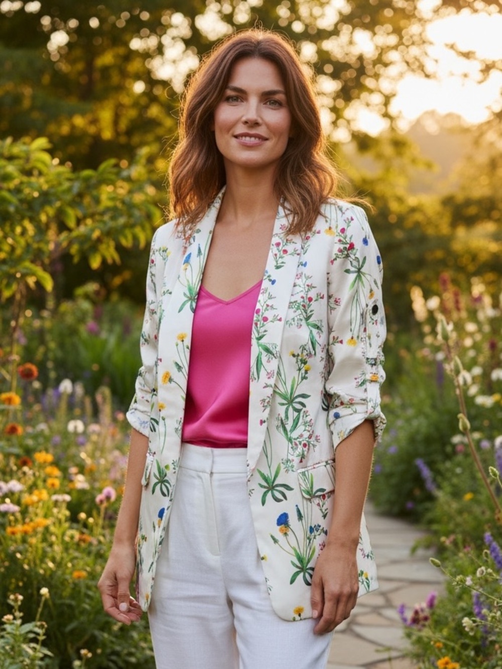 Marissa Webb Ivory Botanical Wildflower Print One-Button Tailored Blazer, Size S